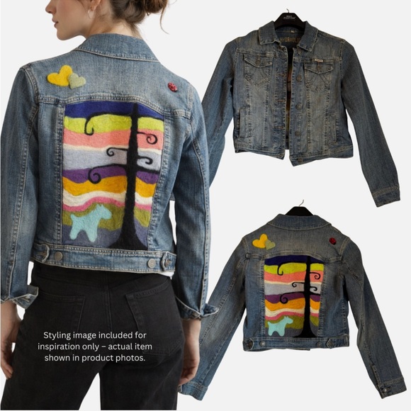 Hydraulic Jackets & Blazers - Upcycled Denim Jacket Hand Felted One Of A Kind Boho Hippie Art Whimsical Lg